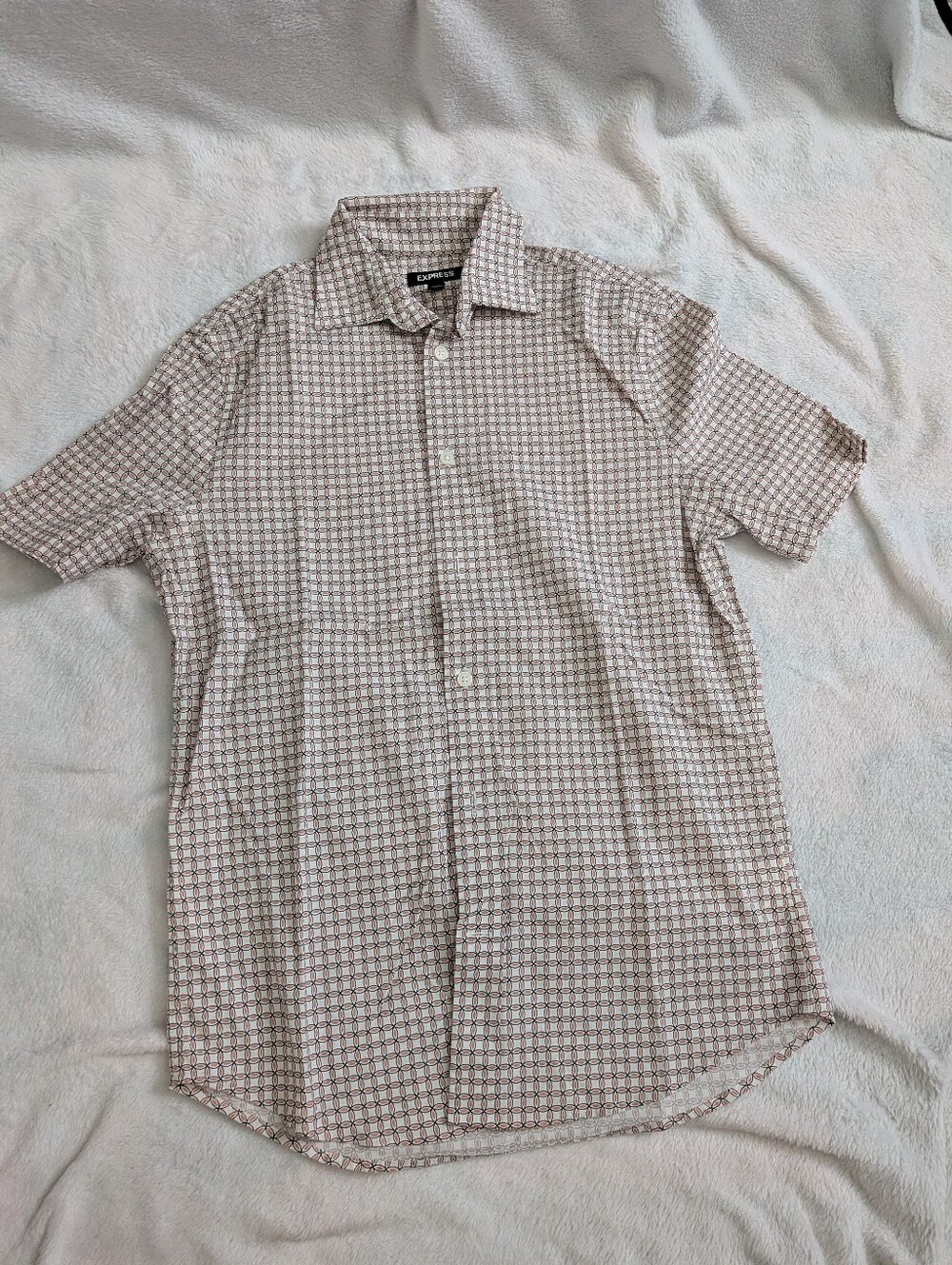 Express Men's Short-Sleeve Button-Down Shirt in Beige and Brown Check Size XS